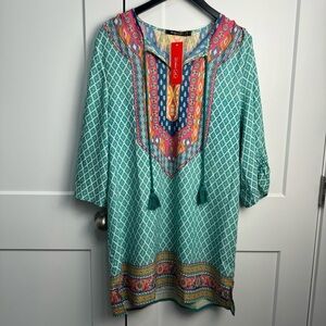 Urban Coco Women Bohemian Neck Tie Printed Shift Dress Turquoise Size Large NWT